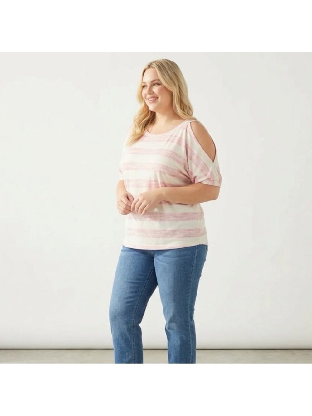 Suzanne Betro Plus Size 2X Pink White Stripe Cold Shoulder Top Short Sleeve New